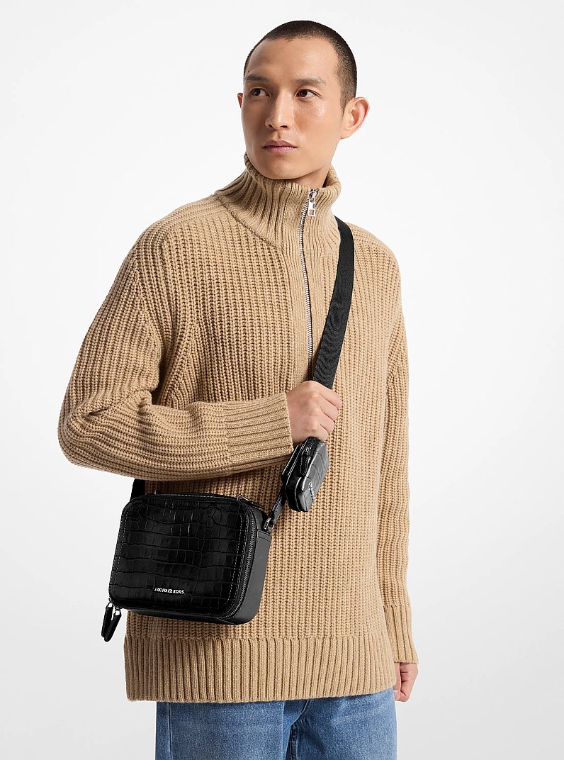 Hudson Crocodile Embossed Leather Crossbody Bag in BLACK | Michael Kors