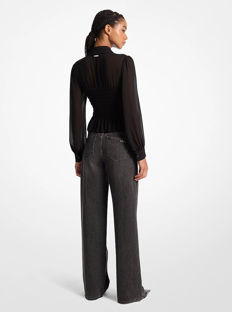 Smocked Georgette Shirt in BLACK | Michael Kors