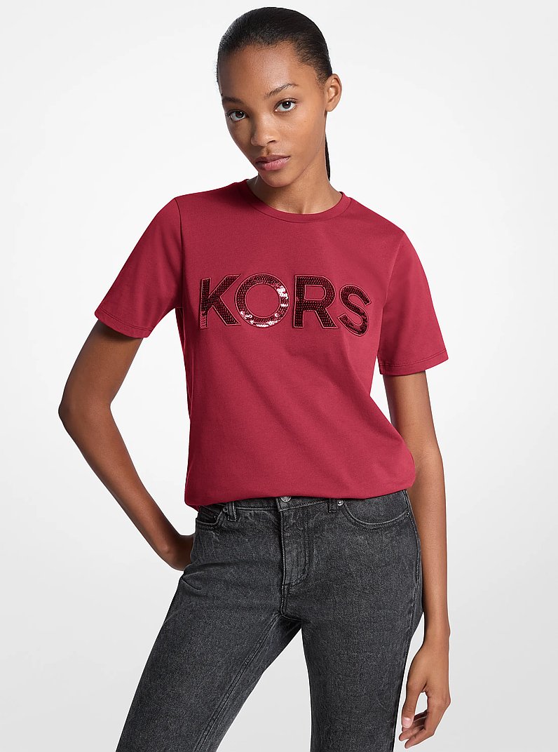 Sequined Logo Cotton T-Shirt in CHERRY | Michael Kors