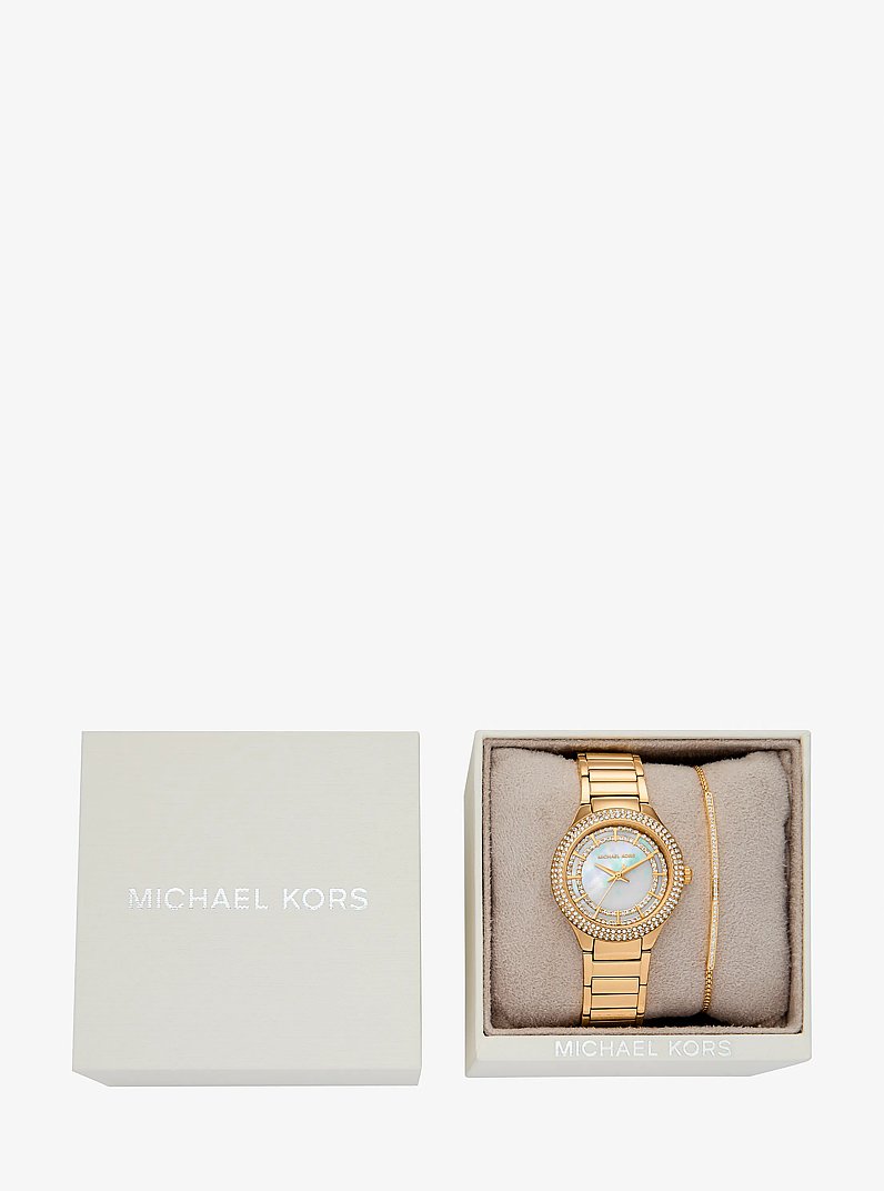Set de regalo de reloj y pulsera Mini Sylvia con incrustaciones en tono dorado in DORADO | Michael Kors