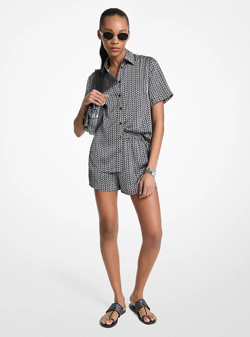MK2000 Logo Print Satin Camp Shirt in NICKEL | Michael Kors