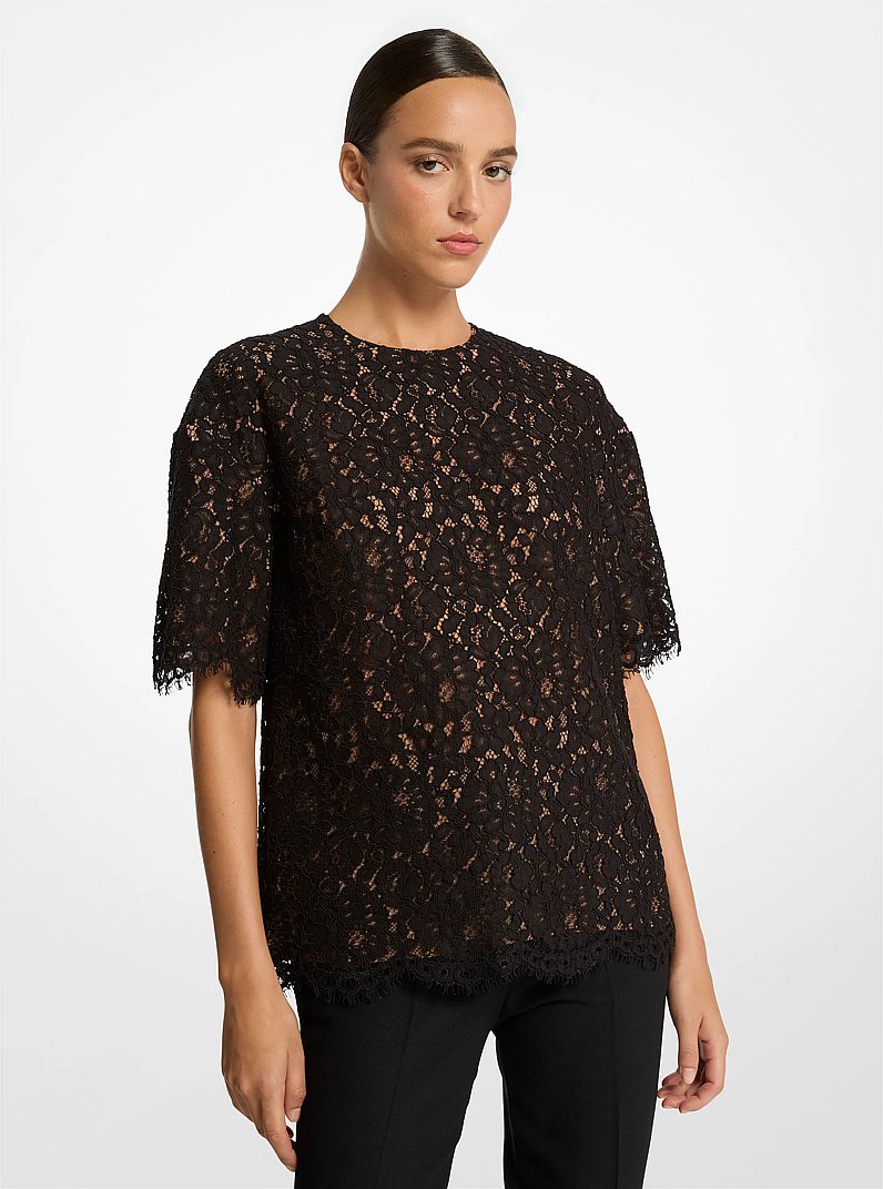 Camiseta oversize de pana y encaje floral in NEGRO | Michael Kors