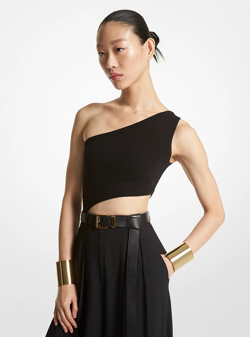 Stretch Cashmere Asymmetric Cutout Bodysuit in BLACK | Michael Kors