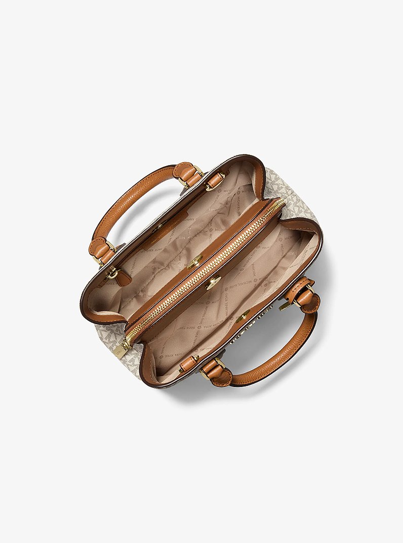 Camille Small Logo and Leather Satchel in VANILLA/ACORN | Michael Kors