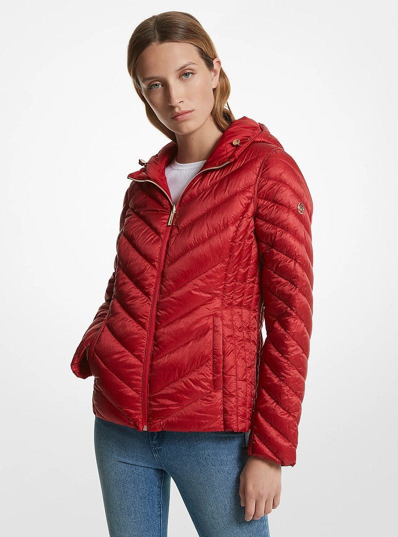 Reversible Quilted Nylon Signature Logo Packable Puffer Jacket in CRIMSON | Michael Kors