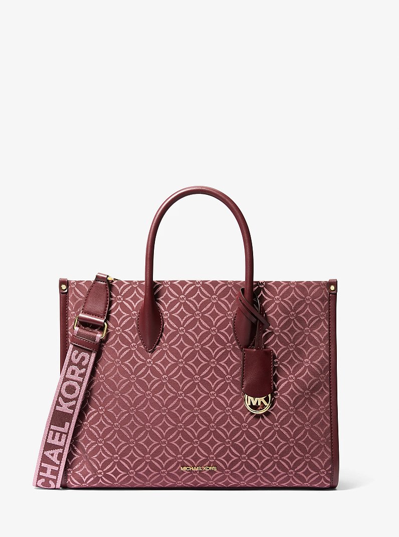 Mirella Medium Metallic Logo Jacquard Tote Bag in OXBLOOD MLTI | Michael Kors