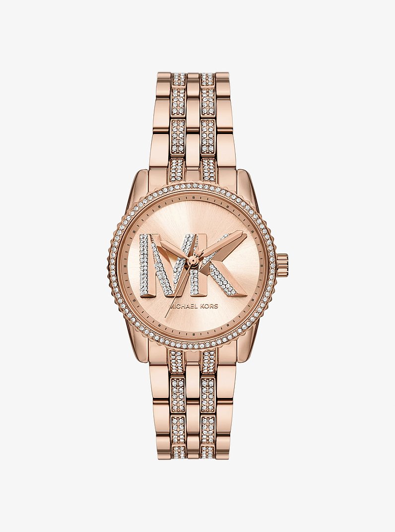 Mini Bryant Pav&eacute; Logo Rose Gold-Tone Watch in ROSE GOLD | Michael Kors