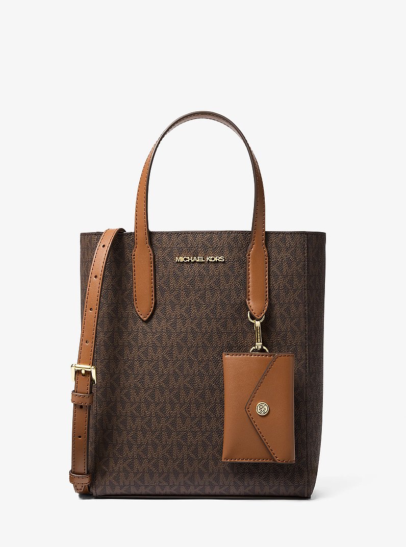 Vincent Small Signature Logo Convertible Tote Bag with Card Case in BROWN | Michael Kors