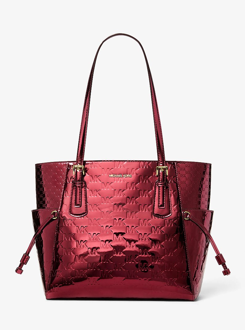 Voyager Large Metallic Logo Debossed Tote Bag in CHERRY | Michael Kors