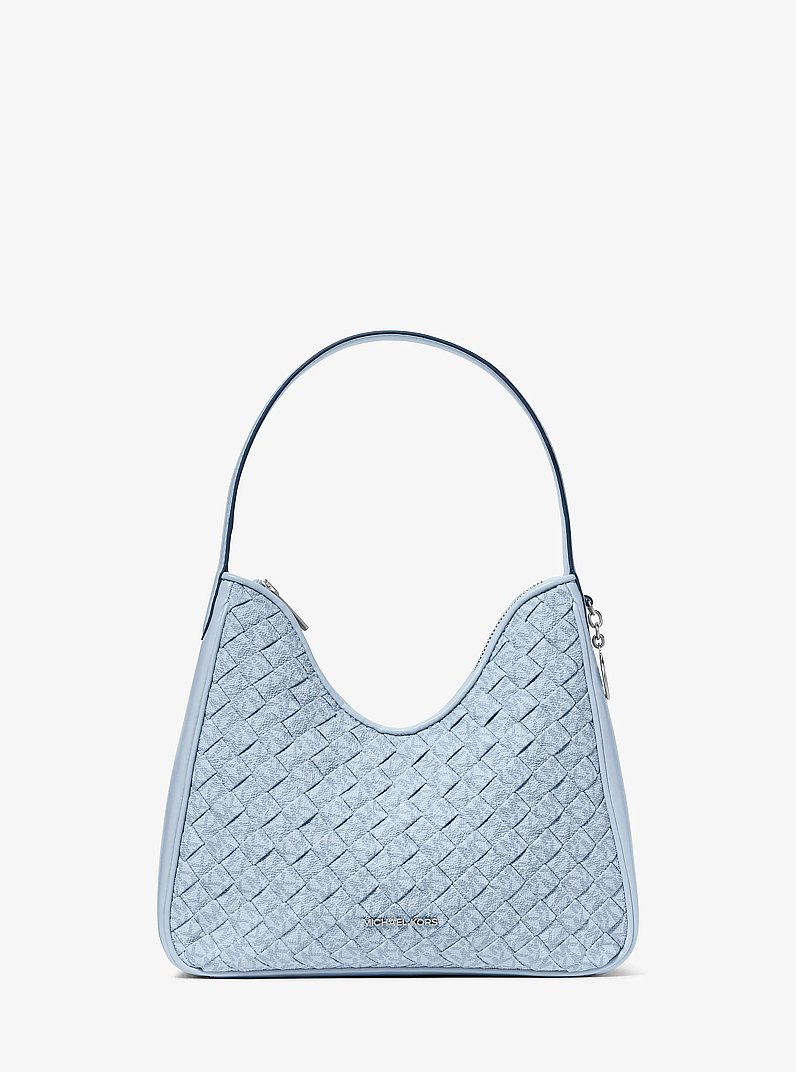 Nayla Small Woven Signature Logo Hobo Shoulder Bag in PALE OCEAN | Michael Kors