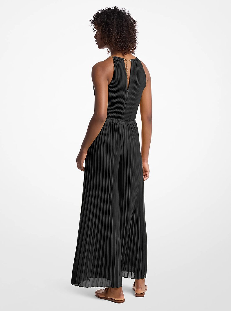 Pleated Embellished Georgette Halter Jumpsuit in BLACK | Michael Kors