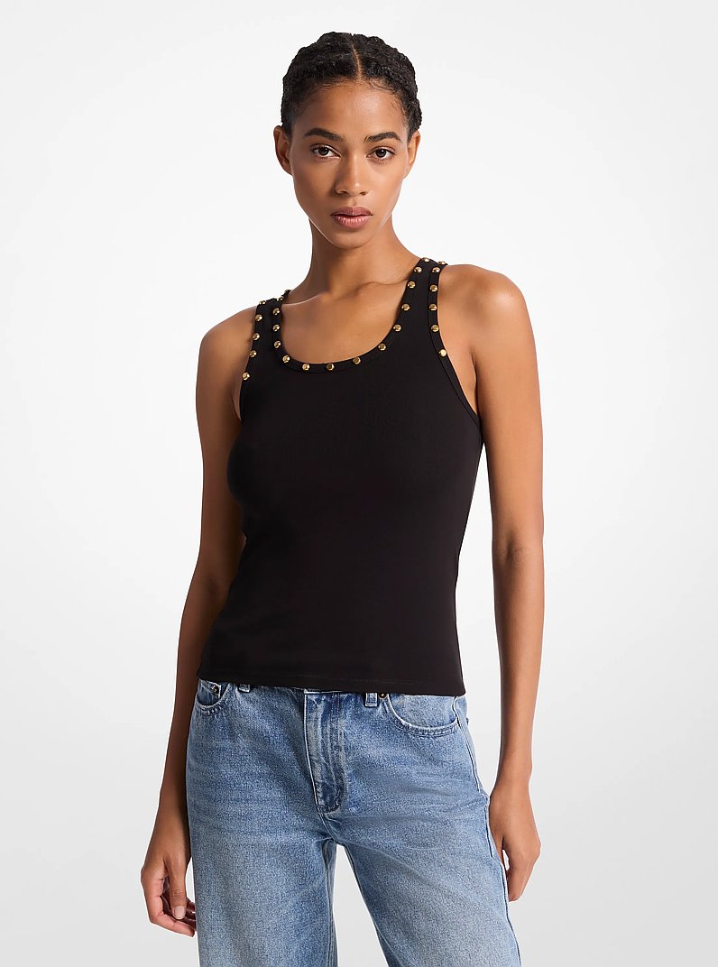 Studded Stretch Cotton Blend Tank Top in BLACK | Michael Kors