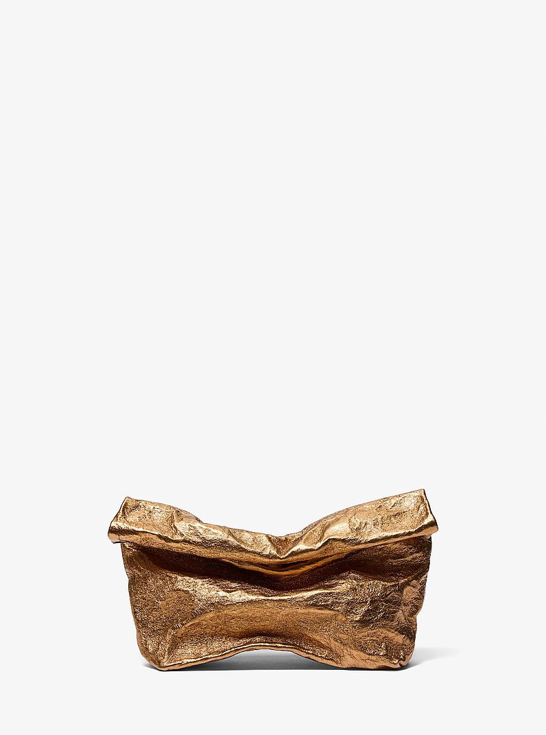Maggie Metallic Crackled Leather Lunch Bag Clutch in BRASS | Michael Kors