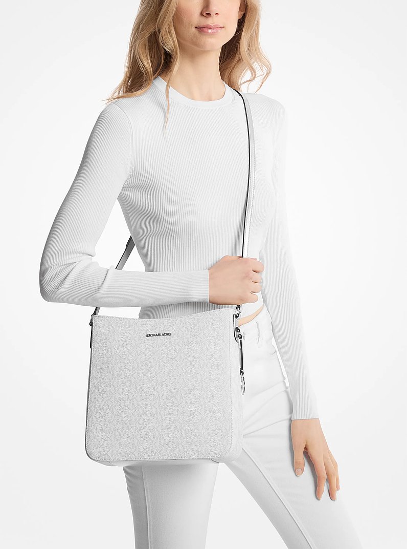 Jet Set Travel Large Metallic Signature Logo Messenger Bag in SILVER | Michael Kors