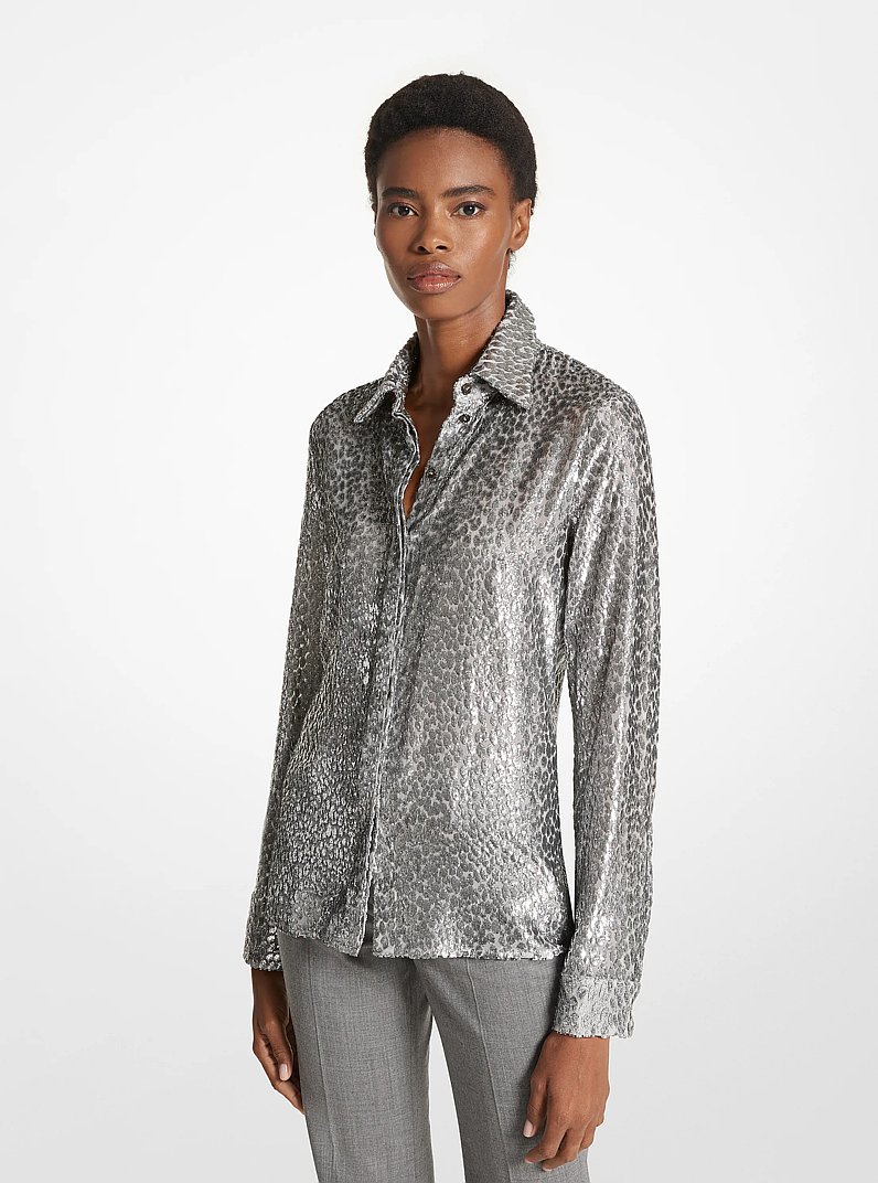 Hansen Leopard Metallic Fil Coup&eacute; Shirt in SILVER | Michael Kors
