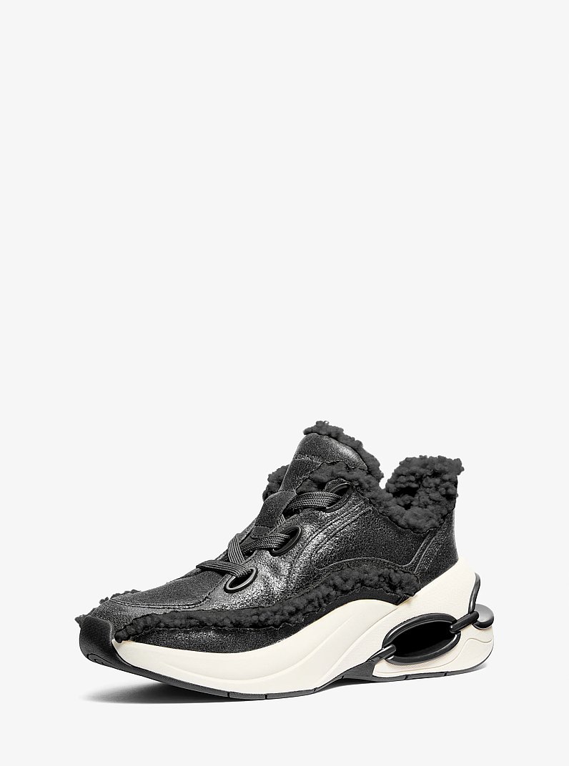 Toni Distressed Leather and Sherpa Trainer in BLACK | Michael Kors