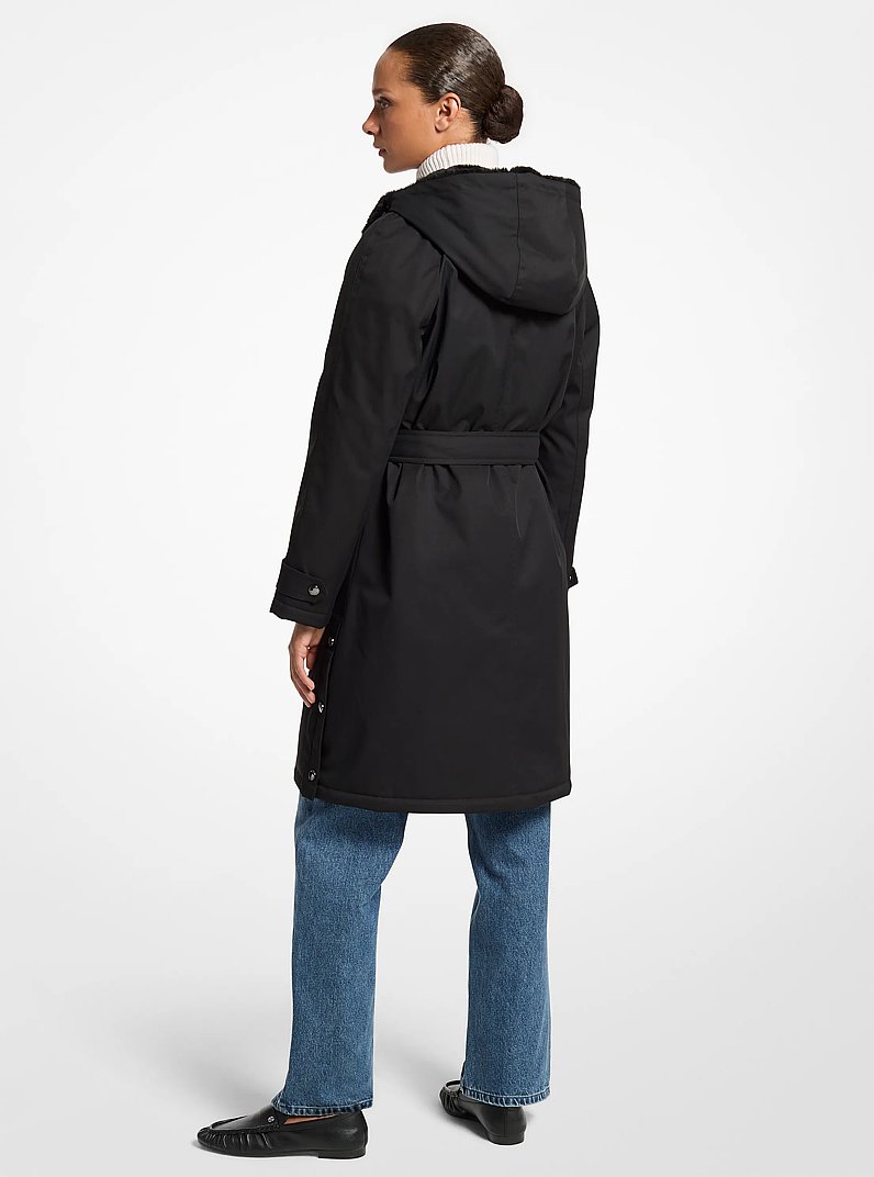 Water-Resistant Belted Faux Fur Trim Coat in BLACK | Michael Kors