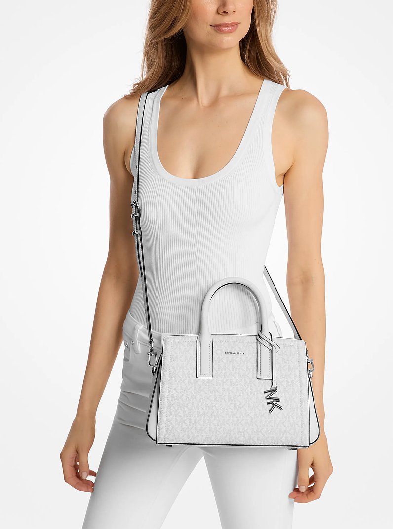 Borsa a mano Laila piccola con logo in BIANCO OTTICO/ALLUMINIO | Michael Kors