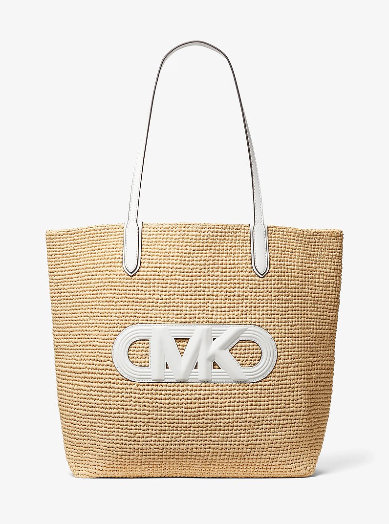 Tr&egrave;s grand sac fourre-tout Eliza en paille &agrave; logo Empire in NATUREL/BLANC OPTIQUE | Michael Kors