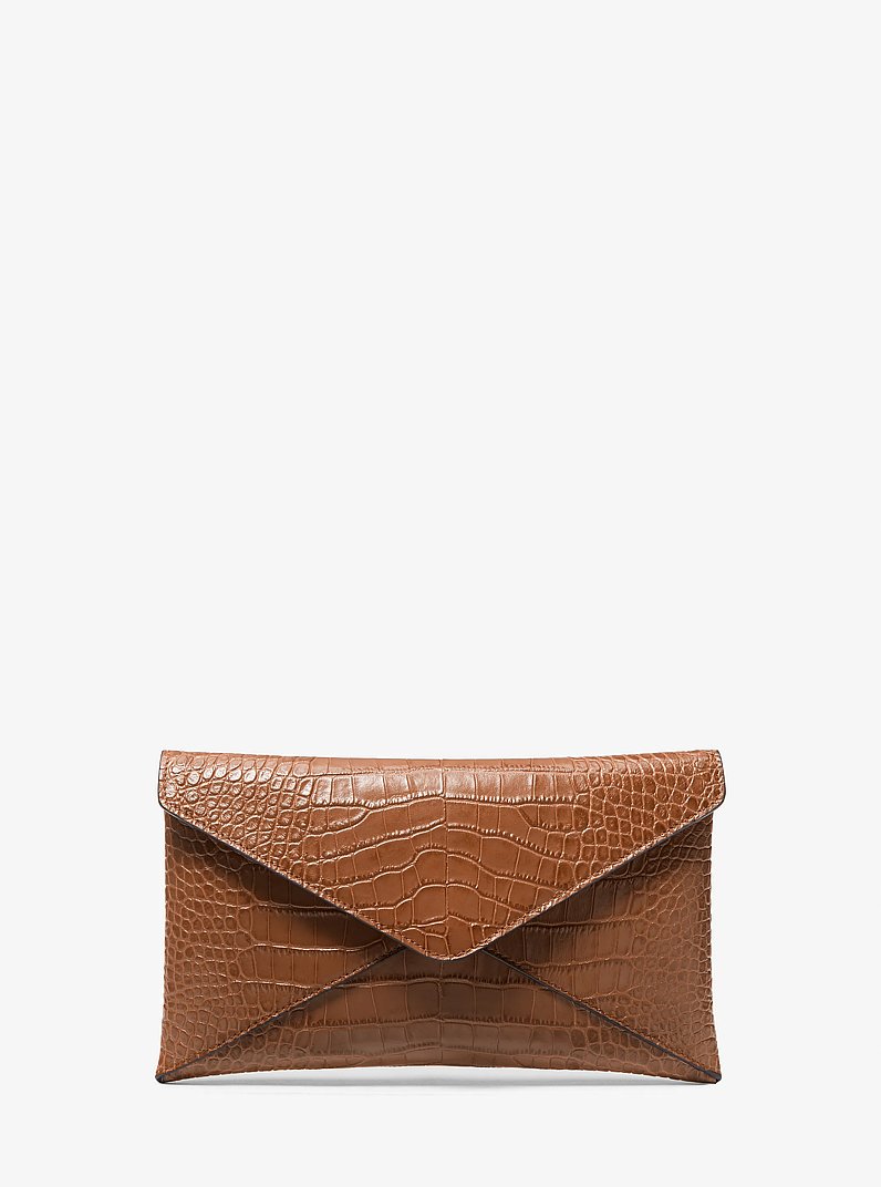 Mia Crocodile Embossed Leather Envelope Clutch in SADDLE | Michael Kors