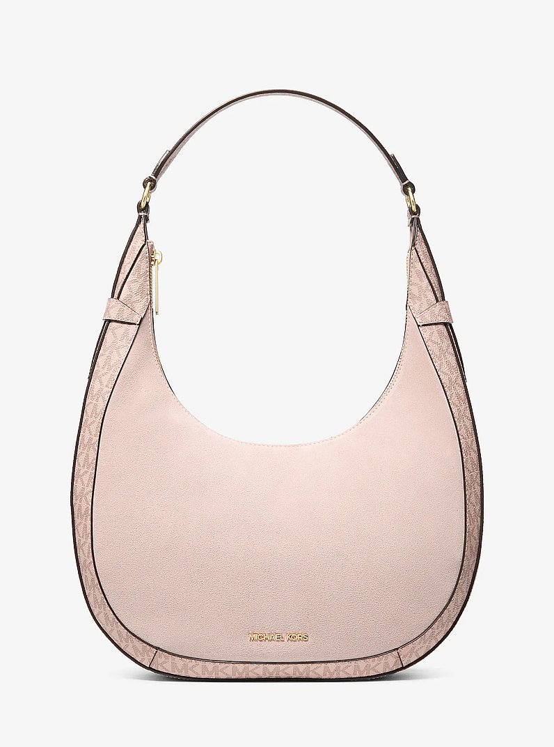Preston Large Suede and Signature Logo Crescent Shoulder Bag in SOFT PINK | Michael Kors