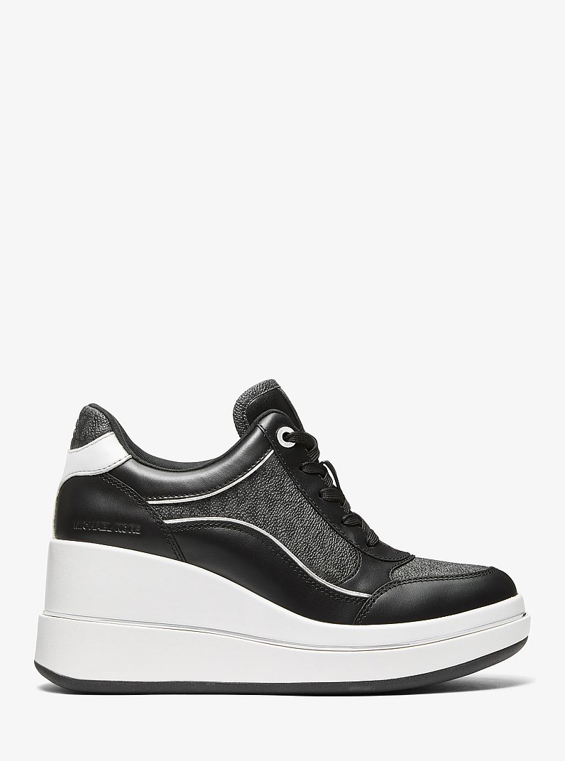 Emmy Signature Logo and Leather Wedge Trainer in BLACK | Michael Kors
