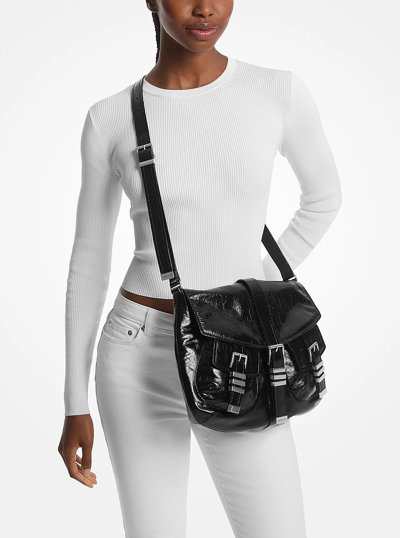 Darrington Large Crackled Leather Shoulder Bag in BLACK | Michael Kors
