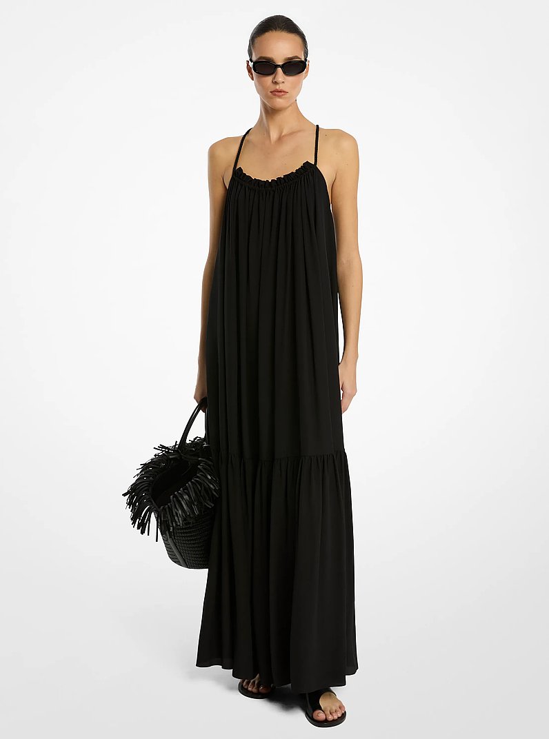 Silk Crepe De Chine Draped Backless Dress in BLACK | Michael Kors