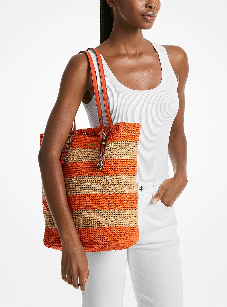 Quinn Large Hand-Crocheted Straw Tote Bag in ORANGE PUNCH | Michael Kors