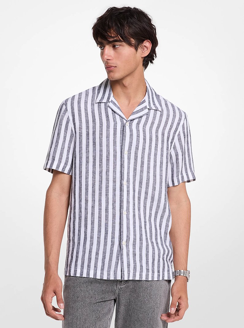 Linen and Cotton Blend Striped Shirt in BLACK | Michael Kors