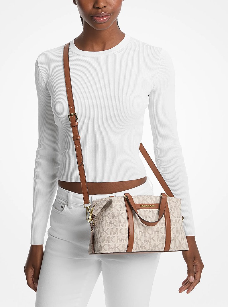 Beck Small Signature Logo Satchel in VANILLA/LUGGAGE | Michael Kors