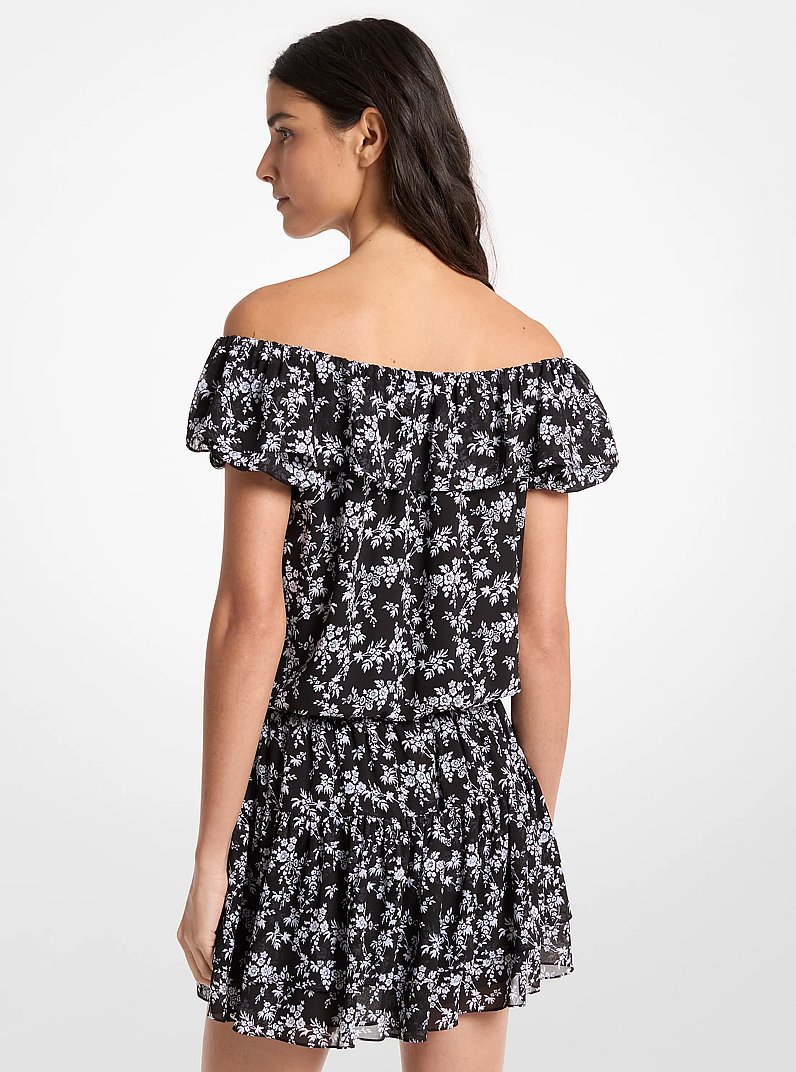 Floral Print Georgette Off-The-Shoulder Dress in BLACK/WHITE | Michael Kors