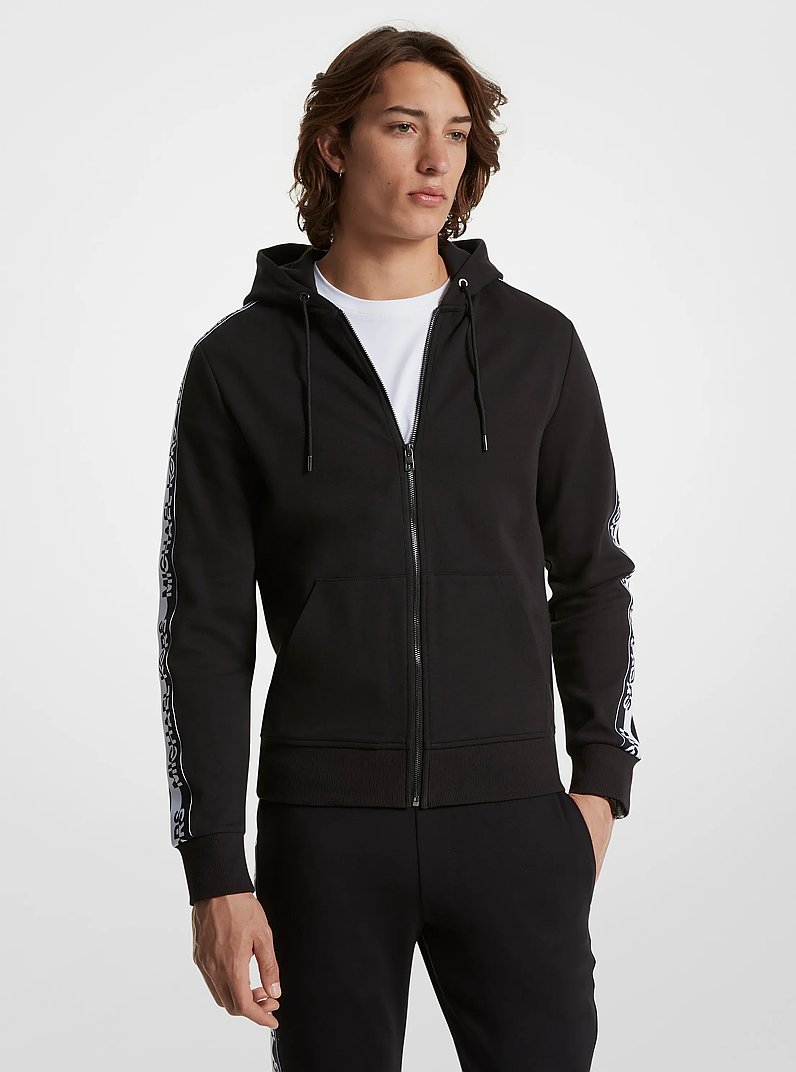 Logo Tape Cotton Blend Zip-Up Hoodie in BLACK | Michael Kors