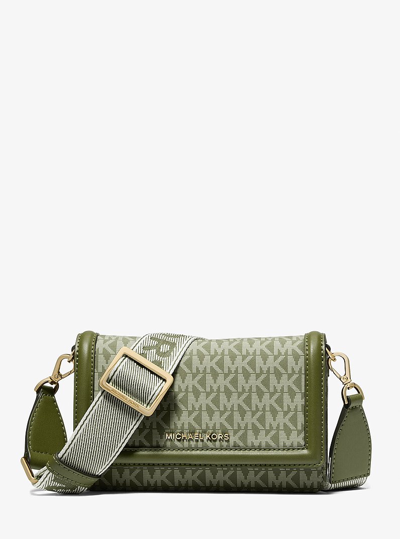 Jet Set Small Logo Print Woven Smartphone Crossbody Bag in SMOKEY OLIVE | Michael Kors