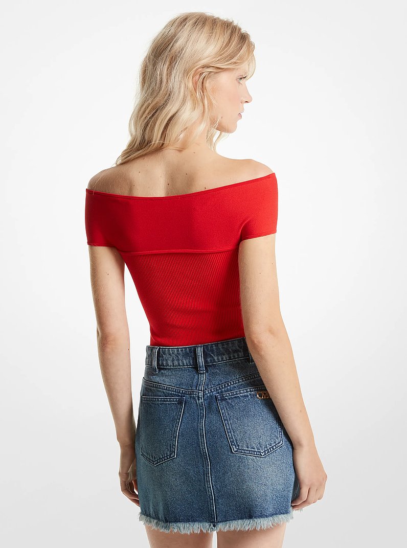 Ribbed Stretch Knit Crossover Bodysuit in LACQUER RED | Michael Kors