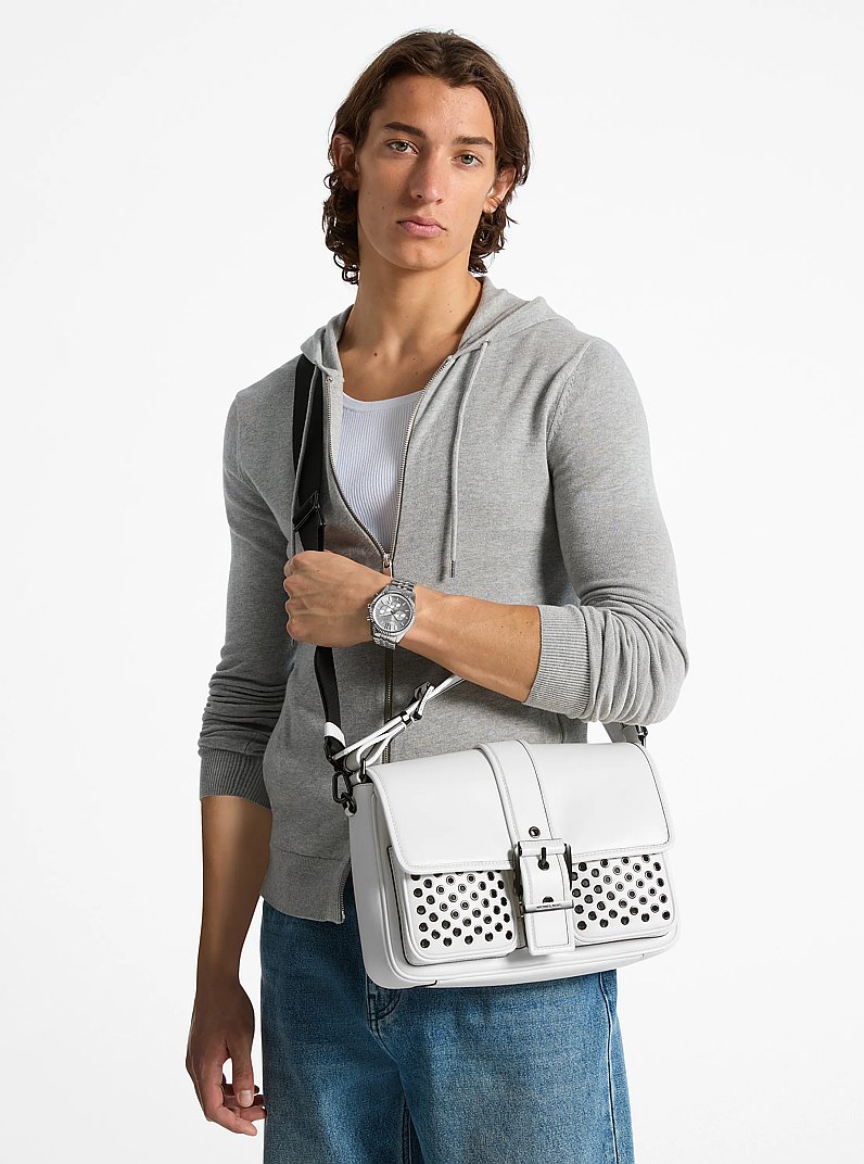 Colby Medium Grommeted Leather Messenger Bag in OPTIC WHITE/BLK | Michael Kors