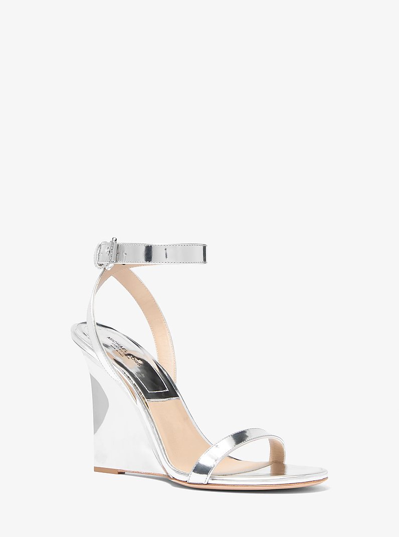 Claudia Specchio Leather Wedge Sandal in SILVER | Michael Kors