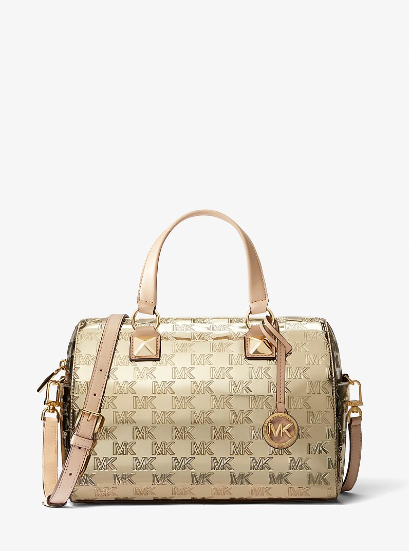 Grayson Medium Logo Embossed Patent Satchel in PALE GOLD | Michael Kors