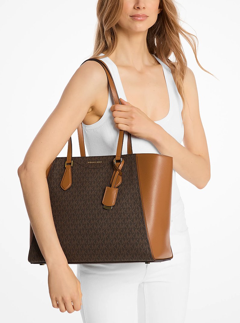 Taryn Large Signature Logo and Leather Tote Bag in BRN/ACORN | Michael Kors