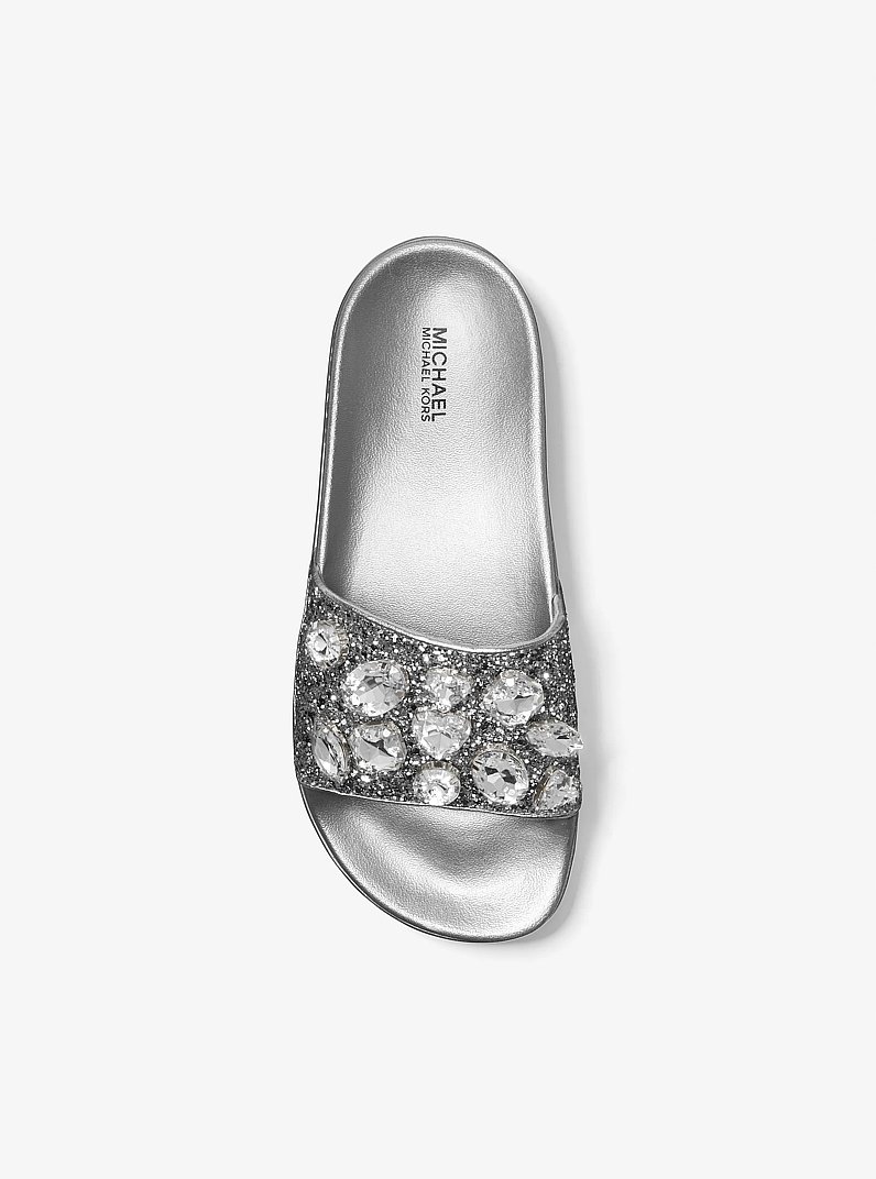 Tyra Jewel Embellished Glitter Slide Sandal in SILVER | Michael Kors