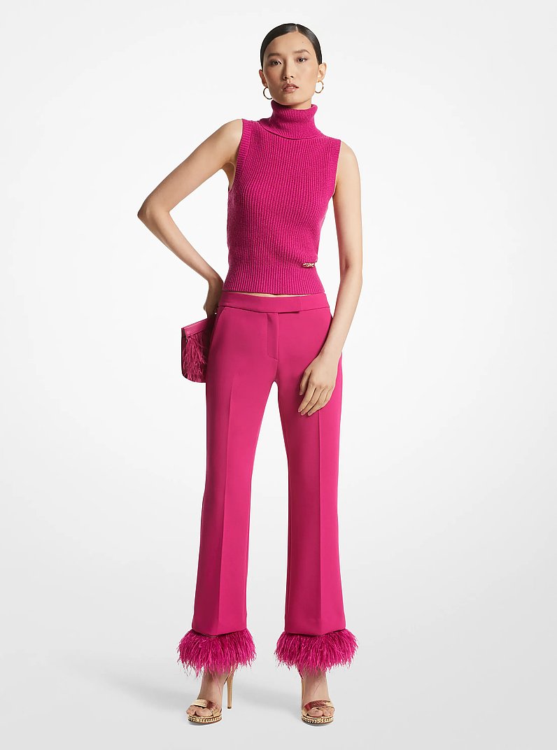 Detachable Feather Trim Stretch Crepe Pants in DEEP FUCHSIA | Michael Kors