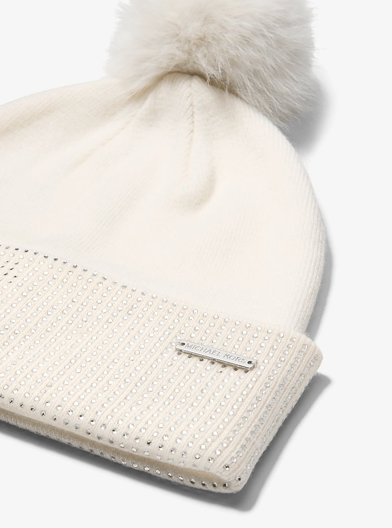 Embellished Knit Beanie Hat and Scarf Set in WHITE/SILVER | Michael Kors