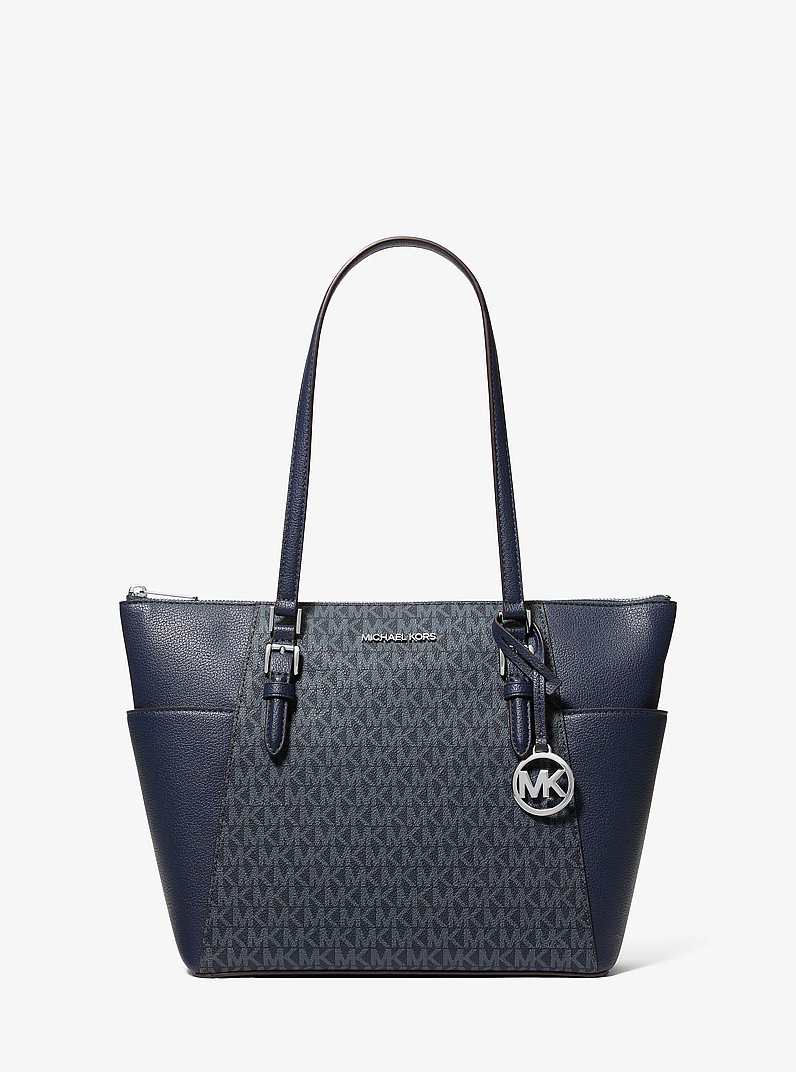 Charlotte Large Logo and Leather Top-Zip Tote Bag in ADMIRAL | Michael Kors