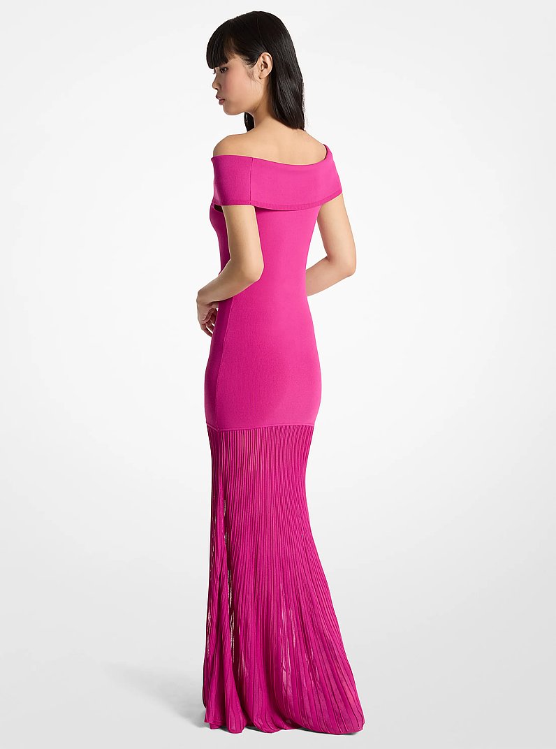 Pleated Stretch Knit Off-The-Shoulder Maxi Dress in RASPBERRY | Michael Kors