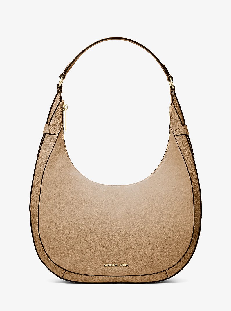 Preston Large Suede and Signature Logo Crescent Shoulder Bag in CAMEL | Michael Kors