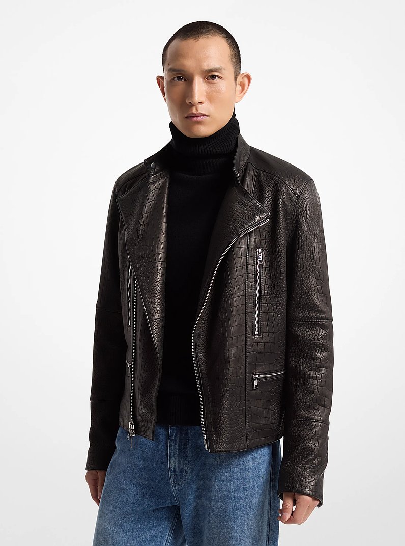 Crocodile Embossed Leather Biker Jacket in BLACK | Michael Kors