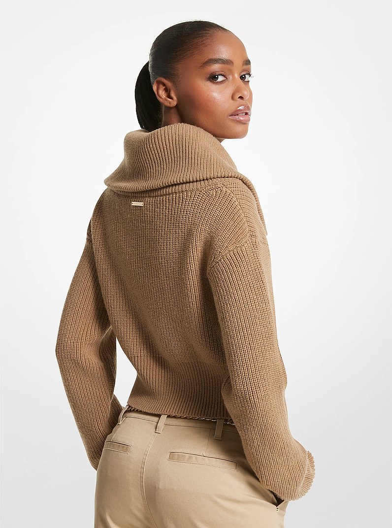 Wool Blend Half-Zip Cropped Sweater in DARK CAMEL | Michael Kors