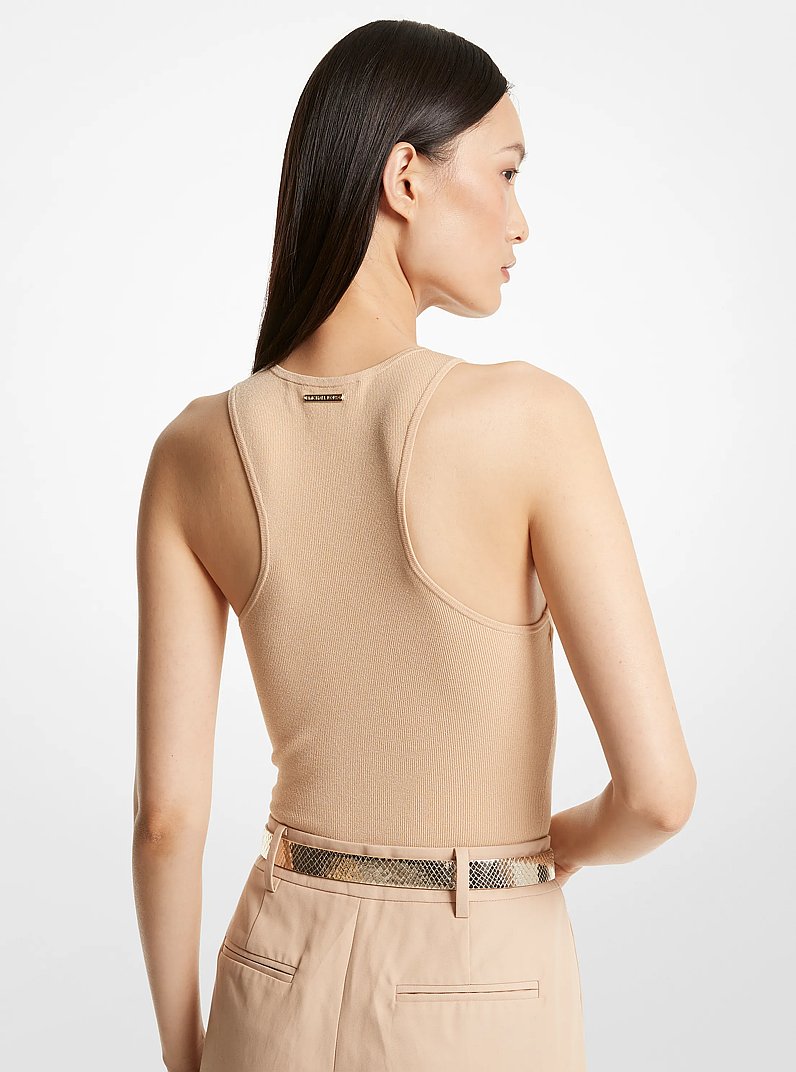 Ribbed Stretch Knit Racerback Bodysuit in BUFF | Michael Kors