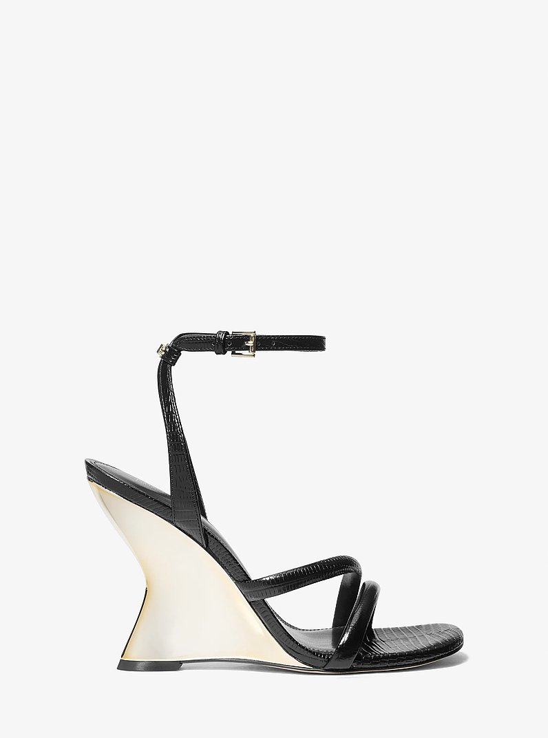 Nadina Lizard Embossed Leather Wedge Sandal in BLACK | Michael Kors
