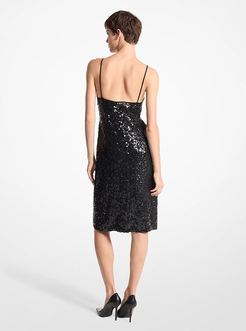 Hand-Embroidered Sequin Silk Georgette Slip Dress in BLACK | Michael Kors